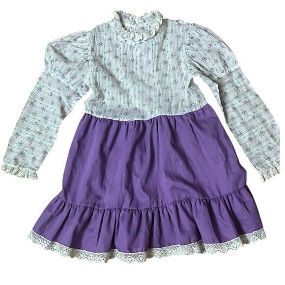 Vintage 60s Youngland Dress 10 Purple Floral Ruffle Mutton Sleeve Union USA Made - Picture 1 of 7
